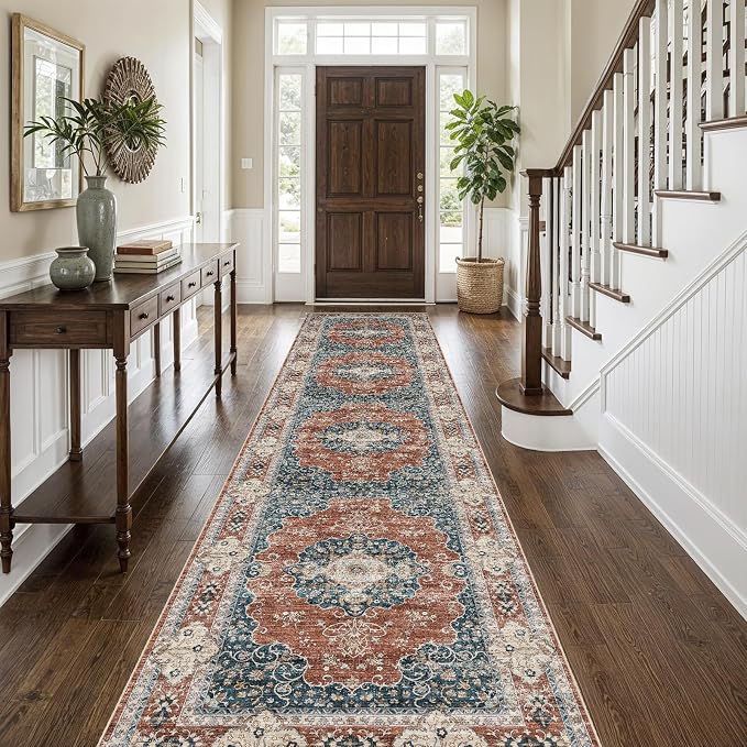 3x12 Washable Hallway Runner Rug:Oriental Indoor Kitchen Rugs Vintage Door Mat Non Slip with Rubber Backing Low Pile Thin Carpet for Bedroom Bathroom Living Room Bedside (3x12 Brick/Blue)