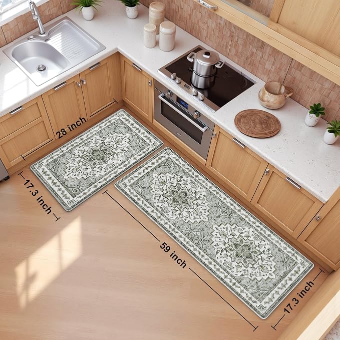 Boho Kitchen Mats for Floor 2 Piece Set Anti Fatigue Cushioned PVC Kitchen Rugs Non Slip Waterproof Farmhouse Mats 2/5 Inch Comfort Standing Mat for Laundry, 17.3"x59"+17.3"x28", Grey