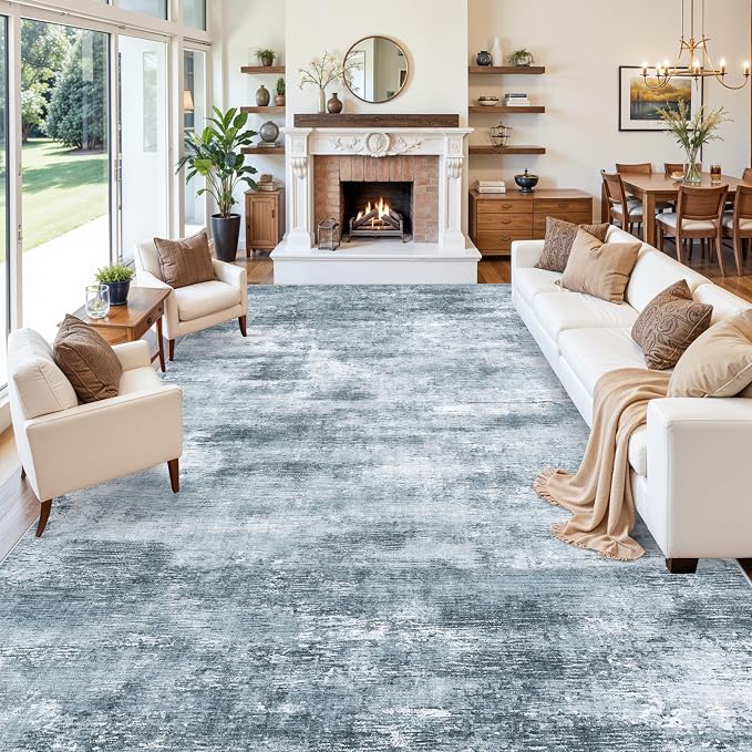 Extra Large Living Room Rug 12x18ft Washable Modern Abstract Neutral Oversize Rug for Bedroom, Dining Room, Family Room Non-Slip Low-Pile Thin Stain-Resistant Carpet (Misty Blue Gray)