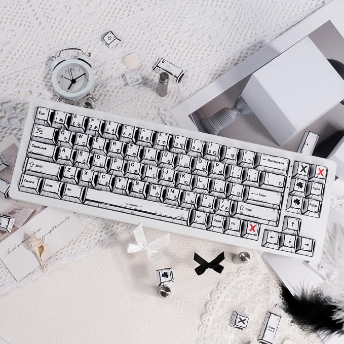 PBT Keycap Set Cherry Profile, Manga Themed Japanese Keycaps, Reto White Keyboard Key Caps Dye Sublimation KeyCap, 130 Keys Custom Cherry MX Key Cap for ANSI Layout Mechanical Keyboard
