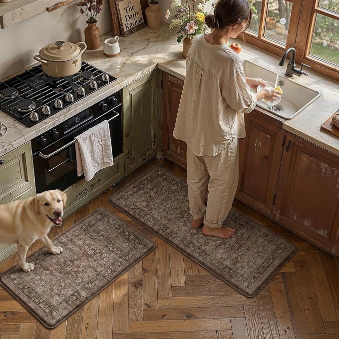 2-Piece Brick Red Vintage Kitchen Mat Set | Washable, Anti Fatigue, Non Slip, Soft, Vintage, Floral, Distressed, Farmhouse, for Sink Entryway Bathroom Laundry