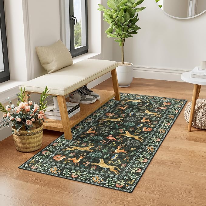 DUKINO 2x4 Rug for Hallway, Washable Kitchen Runner Rug with Non Slip Backing, Soft Low Pile Vintage Animal Runner for Bedroom, Kitchen, Hallway, Entryway, Laundry, Black