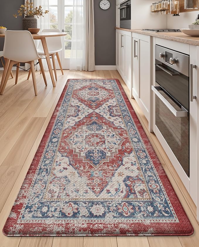 Color&Geometry Kitchen Mat for Floor 24x59 Faded Vintage Anti Fatigue, Red | 0.4in Cushion Standing Mat For Cooking/Working/Laundry, Boho Decor, Non Slip PVC Kitchen Rug, Oil/Water Proof, Anti Slip