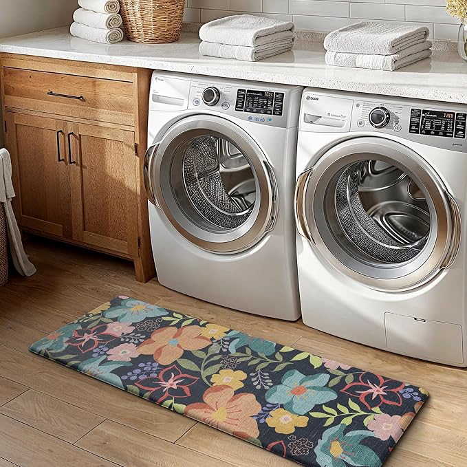 GENIMO Anti Fatigue Kitchen Mats for Floor 2PCS, Cushioned Standing Mats | 17.3"x47"&17.3"x30", Light Black vintage floral rug set, waterproof, non slip, easy-clean for farmhouse