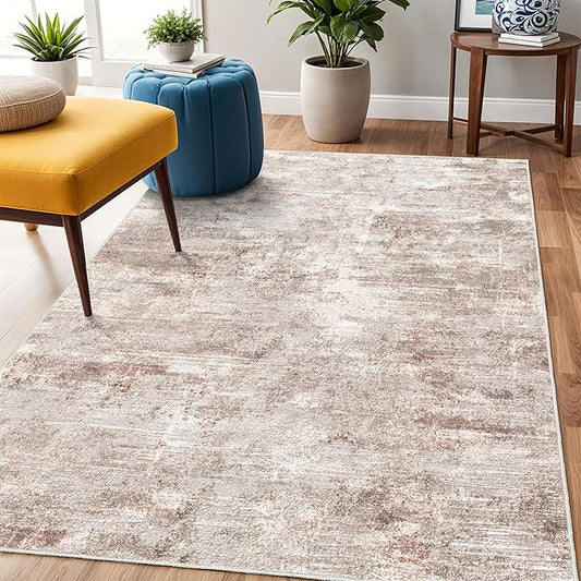 Washable Abstract Area Rug 3X5 - Rugs for Living Room Non Slip Indoor Entryway Rubber Backing Carpet Bedroom Kitchen Distressed Stain Resistant Floor Decor Mat Machine Washable 3X5 Brick/Brown/Beige