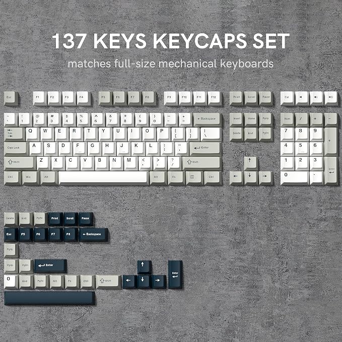 PBT Keycaps Set, Doubleshot 137 Key Caps,Cherry Profile Custom Keycap for 61/64/68/84/87/100/104/108 Mechanical Keyboard, Compatiability for 60 65 75 100 Percent Keyboads (White Grey Blue)