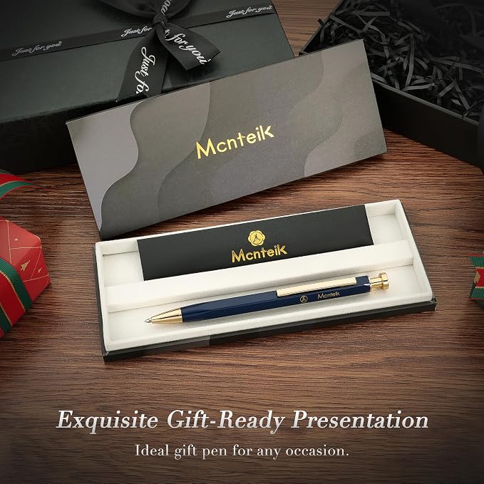 MCNTEIK Blue Gel Pen-Stunning Click Pen with 24K Gold Finish, Hexagonal Design, ADMOK Black Refill, Best Gift Set for Men & Women, Professional Executive Office, Nice Fancy Retractable Pens