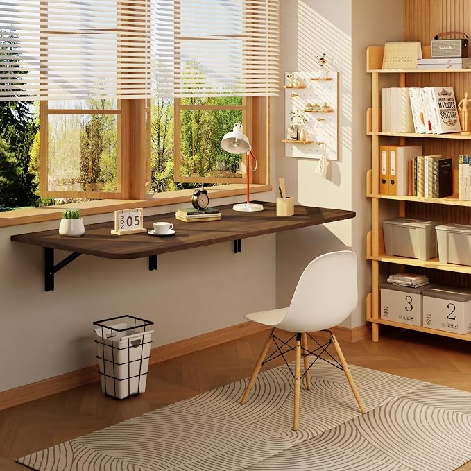 IAE Wall Mounted Floating Foldable Desk, 48" x 22" Folding Computer Workstation Table with Engineered Wood and Metal Shelf Brackets,Fold&Floating Design for Home Office, Apartment,Laundry Room,Walnut