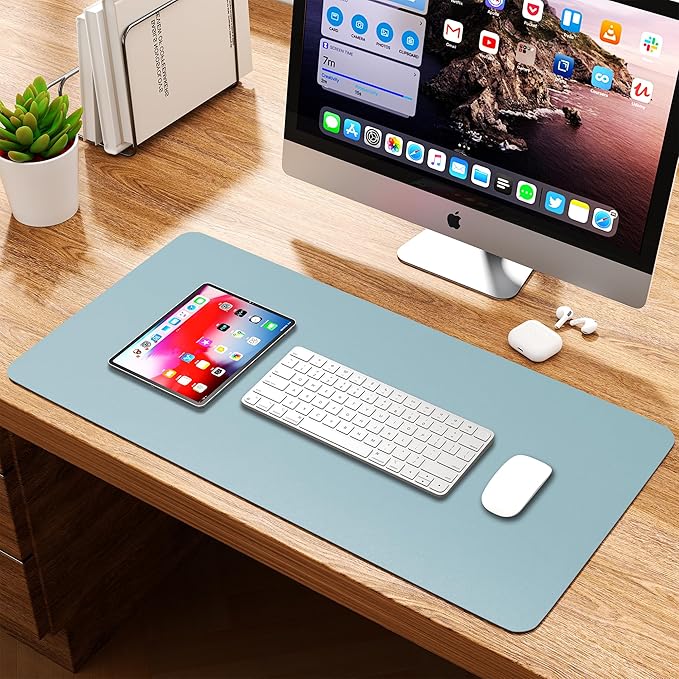 WAYBER Leather Desk Pad Protector, Waterproof Mouse Pad, PU Desk Mat, Office Desk Cover, Desk Writing Mat for Office/Home/Work/Cubicle (Light Blue/Silver) 23.6x13.7in