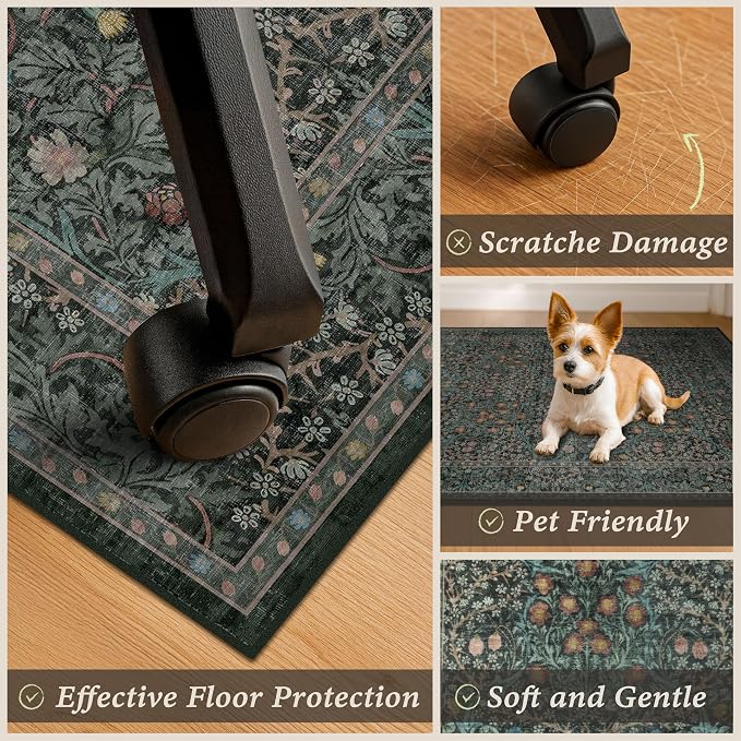 48"x60" Dark Green Office Chair Mat for Hardwood & Tile Floor, Vintage Floral Washable Under Desk Rug with Anti-Slip Backing & Ultra Soft, Floor Protector for Rolling Chairs, Stain Resistant