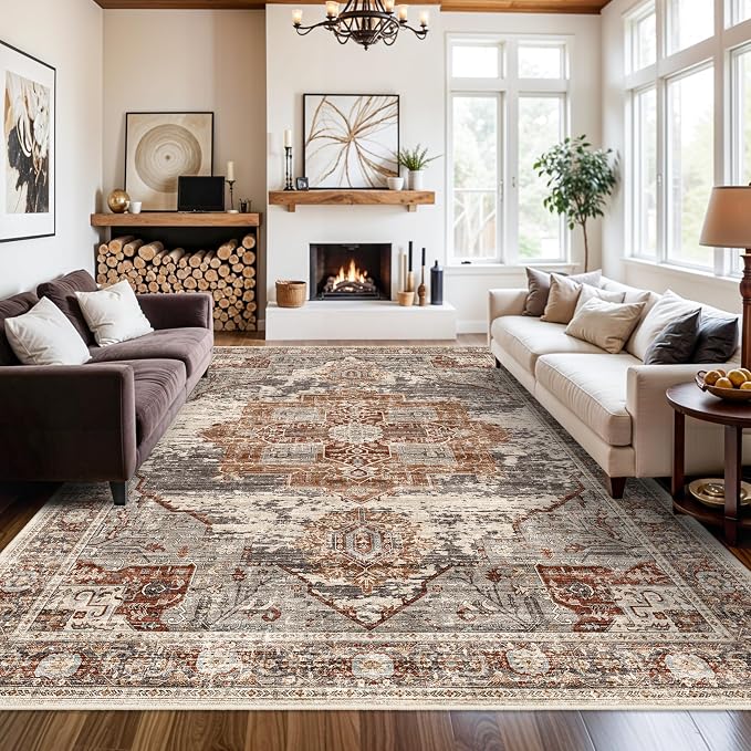 RUUGME Washable 9x12 Area Rugs - Large Rugs for Living Room Stain Resistant Carpet Vintage Rugs for Bedroom with Non Slip Backing Home Decor Floor Decoration Mat (9x12 Brick)