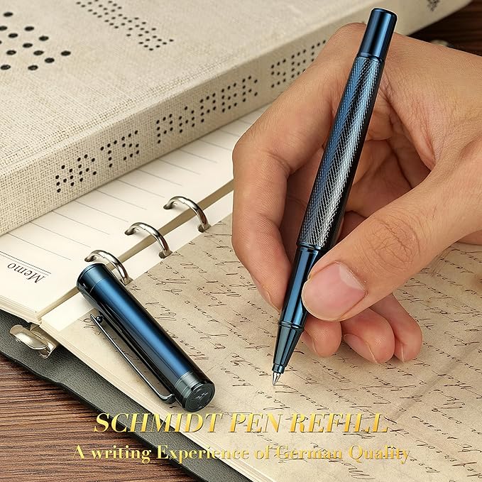 Electroplated Blue Rollerball Pen, Stunning Luxury Pen with Mesh Texture Design、Schmidt Ink Refill, Nice Gift Set for Men & Women, Business, Executive, Office, Fancy, Nice Fancy Designer Pens