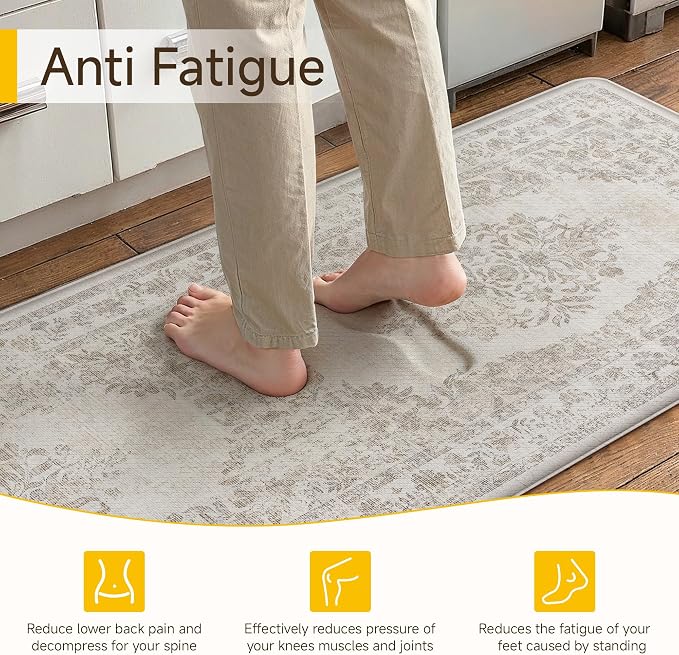 PureCozy Kitchen Mats 2PCS Anti Fatigue Cushioned Mat Beige Vintage Kitchen Mats for Floor Waterproof Non Slip Comfort Standing Medallion Floral Rug for Sink Laundry Office 17.3"x47"+17.3"x30"