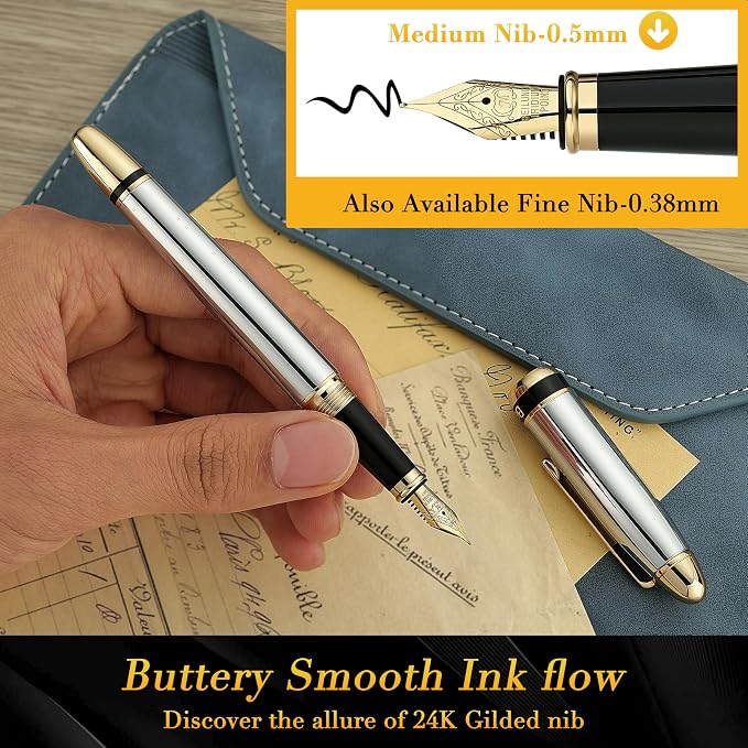 BEILUNER 315 Silver Chrome Fountain Pen,Stunning Luxury Pens with 24K Gold Accents, Gorgeous 24K Gilded Nib(Medium), Ink Converter,Fancy Pen Gift for Men&Women-Elegant, Office, Reliable, Nice Design