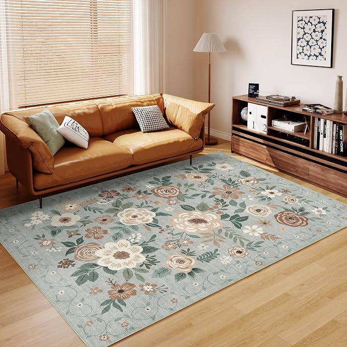 DUKINO 8x10 Area Rug, Floral Rugs for Living Room, Lightweight Non Slip Washable Rug, Indoor Low Pile & Non-Shedding Boho Design Rugs for Bedroom, Living Room, Dining Room, Sage Green
