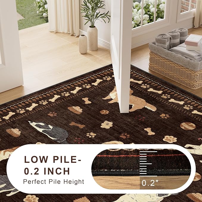 DUKINO 5x7 Rug for Living Room, Lightweight Animal Dog Print Washable Area Rug, Soft Non Slip & Low Pile Floor Mat, Stain Resistant Large Carpet for Bedroom, Nursery, Dining Room, Kids Playroom, Brown