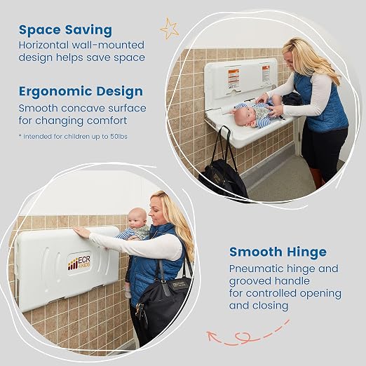 ECR4Kids Horizontal Wall-Mounted Changing Station with 500 Liners, Baby Changer, White Granite