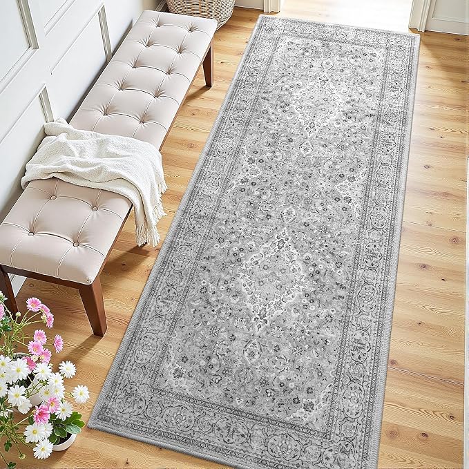 Grey Washable Vintage Runner Rug, 2x6 Boho Bedroom Area Rugs, Soft Non Slip Floral Entryway Carpet Runners, Indoor Low Pile Carpets for Kitchen Hallway Bedside