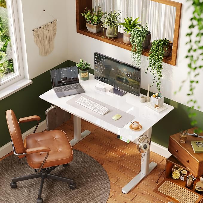 INNOVAR 48×24 Inch Super White Glass Standing Desk with Drawers | Tempered Glass Top, Ergonomic, Adjustable Height, Stand Up Desk,4 Memory Presets