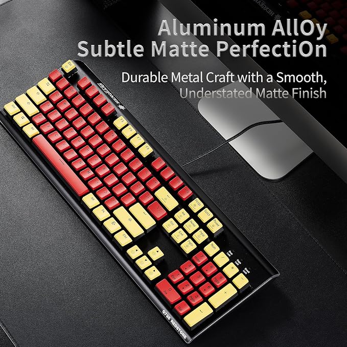 Hexgears GK735 Wired Mechanical Gaming Keyboard, Hot-Swappable Full-Size Keyboard with White Backlit + Surround Side Light Strip, Aluminum Finish, Kailh Clicky Switches (Red-Yellow)