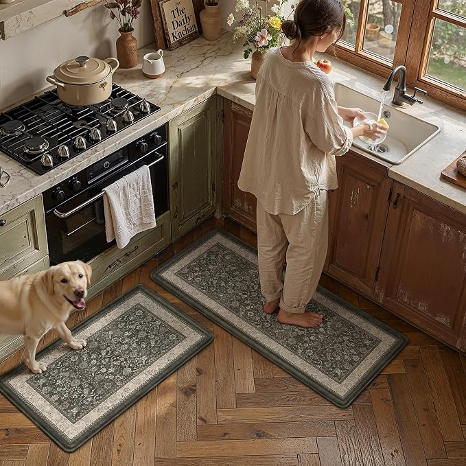 2-Piece Black Vintage Kitchen Mat Set | Washable, Anti Fatigue, Non Slip, Soft, Vintage, Floral, Distressed, Farmhouse, for Sink Entryway Bathroom Laundry