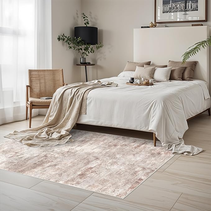 Washable Abstract Area Rug 3X5 - Rugs for Living Room Non Slip Indoor Entryway Rubber Backing Carpet Bedroom Kitchen Distressed Stain Resistant Floor Decor Mat Machine Washable 3X5 Brick/Brown/Beige