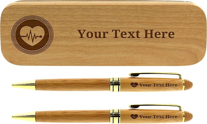 Customized Doctor Gift Pen Set EKG Tech Gifts Personalized Engraved Natural Wood 2 Pens and Case Set