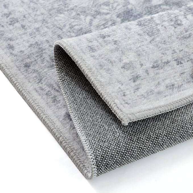 PureCozy 4x6 Area Rug Washable Gray Vintage Home Office Carpet Indoor Non Slip Small Low Plie Thin Bedroom Living Dining Room Retro Accent Throw Grey Rug