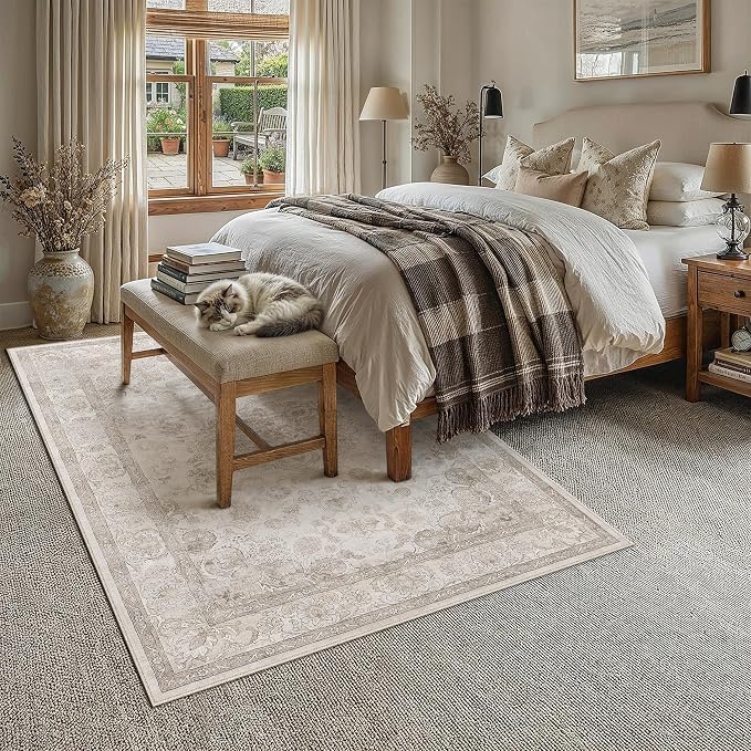 PureCozy Beige Area Rug 6x9 Washable Vintage Living Room Bedroom Carpet Non Slip Soft Low Pile Distressed Medallion Indoor Floor Retro Throw Large Rug for Dining Room Office
