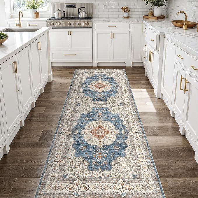 3x8 Washable Hallway Runner Rug:Oriental Indoor Kitchen Rugs Vintage Door Mat Non Slip with Rubber Backing Low Pile Thin Carpet for Bedroom Bathroom Living Room Bedside (3x8 Blue/Beige)