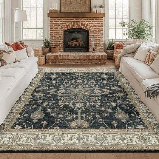 RELEANY Area Rugs Square 8ft Washable Non-Slip, Floral Vintage Distress Medallion Carpet for Living Room Bedroom Dining Room, Vintage Black Brown Neutral