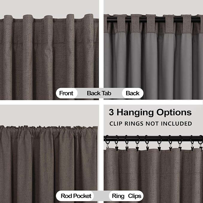 KOUFALL Brown Curtains 96 Inches Long 2 Panels Set Black Out Linen Blackout Back Tab Drapes for Living Room Bedroom