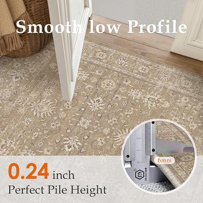 PureCozy 6x9 Area Rug Brown Washable Vintage Carpet Living Room Bedroom Large Non Slip Stain Soft Resistant Low Pile Thin Boho Accent Indoor Throw Rug for Dining Room Office