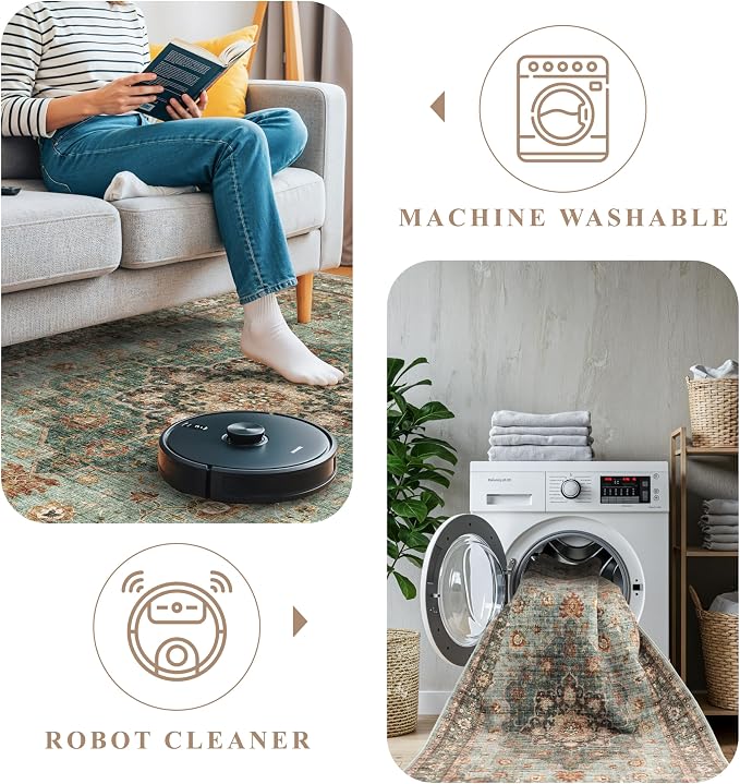 4x5 Area Rugs for Living Room: Perfect for Bedroom Kitchen Kids Room Nursery - Stain & Water Resistant Non-Slip Pet & Child Friendly Vintage Carpet (Green, 4x5)