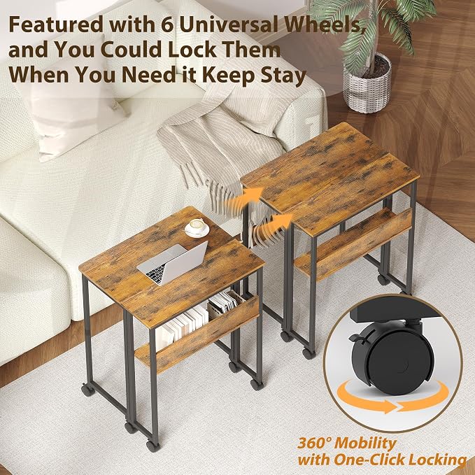 Folding Desk with Storage Shelf, 24.8 Inch Foldable Computer Table with Wheels for Small Spaces,Space Saving Sofa Table for Couch, Rolling Writing Work Office Computer Desk, Easy to Fold,Walnut