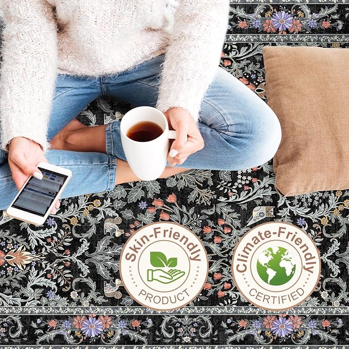 2x3 Entryway Rug Washable Non-Slip - Soft Low Pile Botanical Small Area Rug for Kitchen Bedroom - Boho Floral Indoor Door Mat with Rubber Backing (Vibrant Black, 2x3)