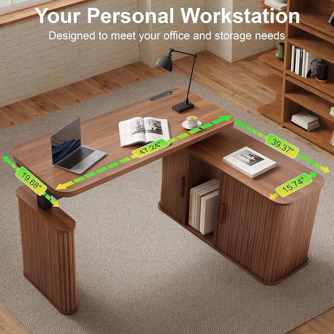 L Shaped Standing Desk with Storage, 47" Electric Desk Height Adjustable Executive Desk with Drawers, Sliding Door Wood Desk Office Sit Stand up Desk for Work, Study, Writing, Walnut