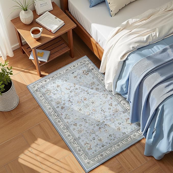 Light Blue 2x3 Washable Entryway Rug, Small Boho Non Slip Area Rugs, Vintage Floral Throw Door Mat, Aesthetic Low Pile Carpet for Kitchen Indoor Farmhouse Entrance Bedroom