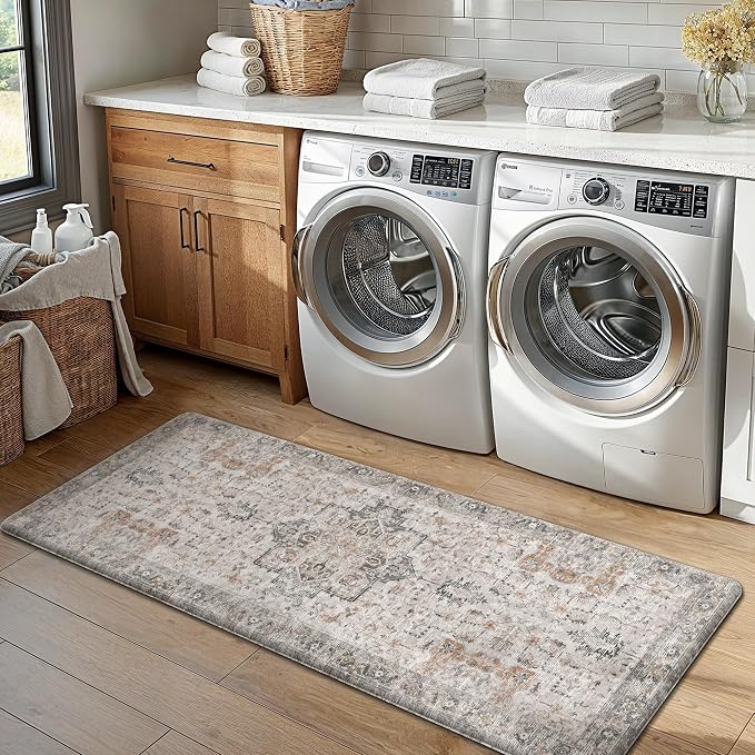 GENIMO Kitchen Mats for Floor 2PCs, Washable Anti Fatigue Mat for Cushioned, 20"x48"+20"x32", Waterproof Kitchen Rugs, Non Slip Comfort Standing Mat Rug for Home, Sink, Laundry, LightTaupeBrown