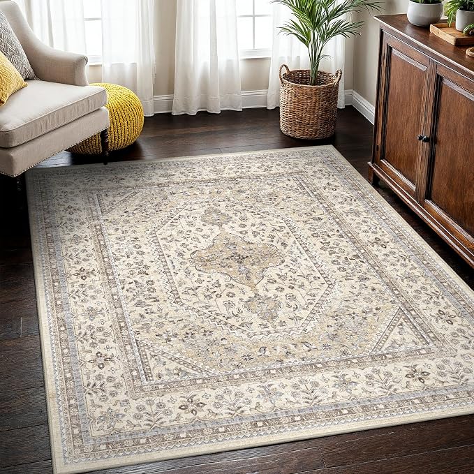 4X4 Square Rug for Living Room - Washable Kitchen Area Rug with Non Slip Rubber Backing for Bedroom Indoor Soft Stain Resistant Carpet Desk Rug for Pet-Friendly and Kitchen Decor Beige/Gray