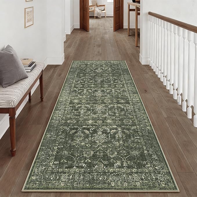 3x7 Green Runner Rug Hallway Washable Area Rugs Kitchen Vintage Boho Non Slip Long Rug Floral Carpet Indoor Retro Soft Low Pile Throw Rug for Bedroom Bathroom Laundry Dining Living Room Office