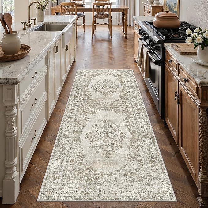 PureCozy 2x5 Runner Rug Beige Washable Hallway Kitchen Bedroom Vintage Distressed Bathroom Non Slip Medallion Floral Carpet Indoor Retro Throw Floor Mat for Office Dining Laundry Living Room
