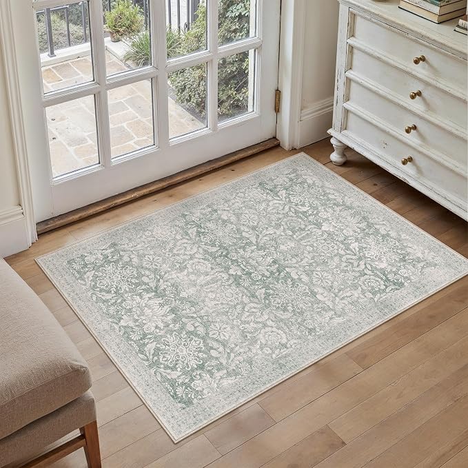 PureCozy Washable Area Rug 2x3, Small Non-Slip Green Entryway Door Mat Vintage Low Plie Thin Indoor Kitchen Bathroom Rug Retro Accent Throw Entrance Bedroom Office Carpet