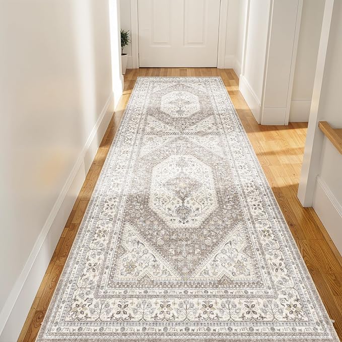 3x8 Washable Hallway Runner Rug:Oriental Indoor Kitchen Rugs Vintage Door Mat Non Slip with Rubber Backing Low Pile Thin Carpet for Bedroom Bathroom Living Room Bedside (3x8 Brown/Beige)