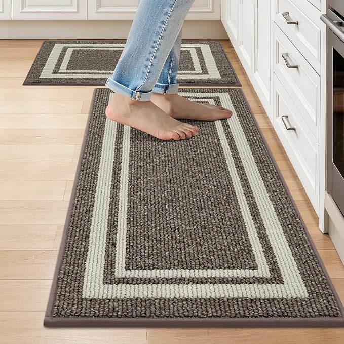 COSY HOMEER Kitchen Rugs Non-Slip 20x30/20x48 Inch Thick Polypropylene Standing Mat for Home Machine Washable, Brown Frame