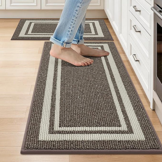 COSY HOMEER Kitchen Rugs Non-Slip 20x30/20x48 Inch Thick Polypropylene Standing Mat for Home Machine Washable, Brown Frame