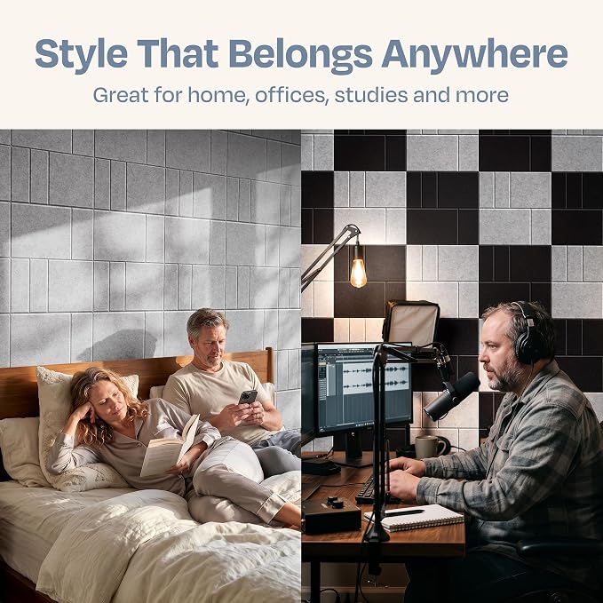 Acoustic Panels 12-Pack Soundproof Wall Panels 12"x12"x0.4" Decorative Sound Dampening for Your Home, Office, Studio, Bedroom & More with Unique GridFrame Carving [Light Gray]
