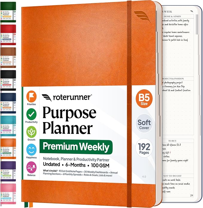 Roterunner Purpose Planner Notebook B5 5.8”x8.3” Undated 2026 Daily Weekly and Monthly Productivity Goal Setting Tool for Work Home ADHD Planner for Adults Self Care Journal (Orange Softcover)
