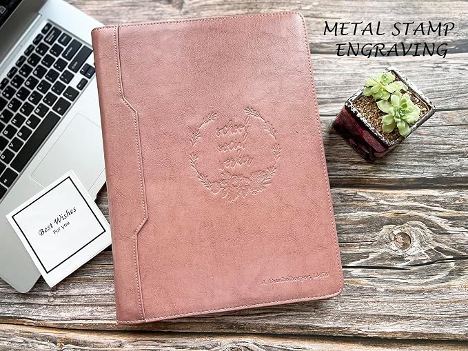 Pink Leather Padfolio for Women, Business Leather Binder 3 Ring Portfolio, Personalzied Leather Portfolio Binder, Zippered Portfolio Organizer for A4 Letter Size Notepad & 13-inch Laptop/Tablet