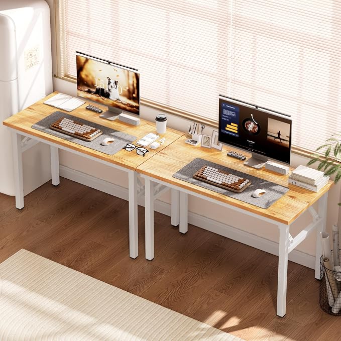 DlandHome Folding Desk for Small Spaces, 35.8IN Computer Desk Folding Table, Foldable Office Desk Computer Table Writing Workstation for Home Office, Study, Bedroom, No Assembly Required, Teak & White